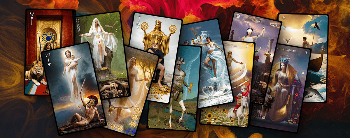 A card spread showing various Torch-Tarot Cards